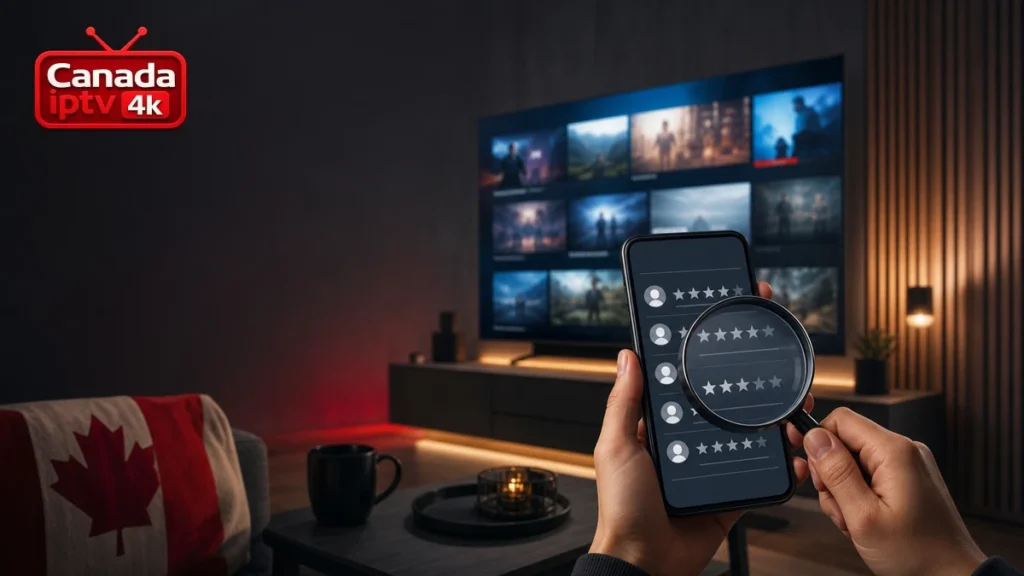Avis IPTV Quebec analysés sur téléphone devant un téléviseur