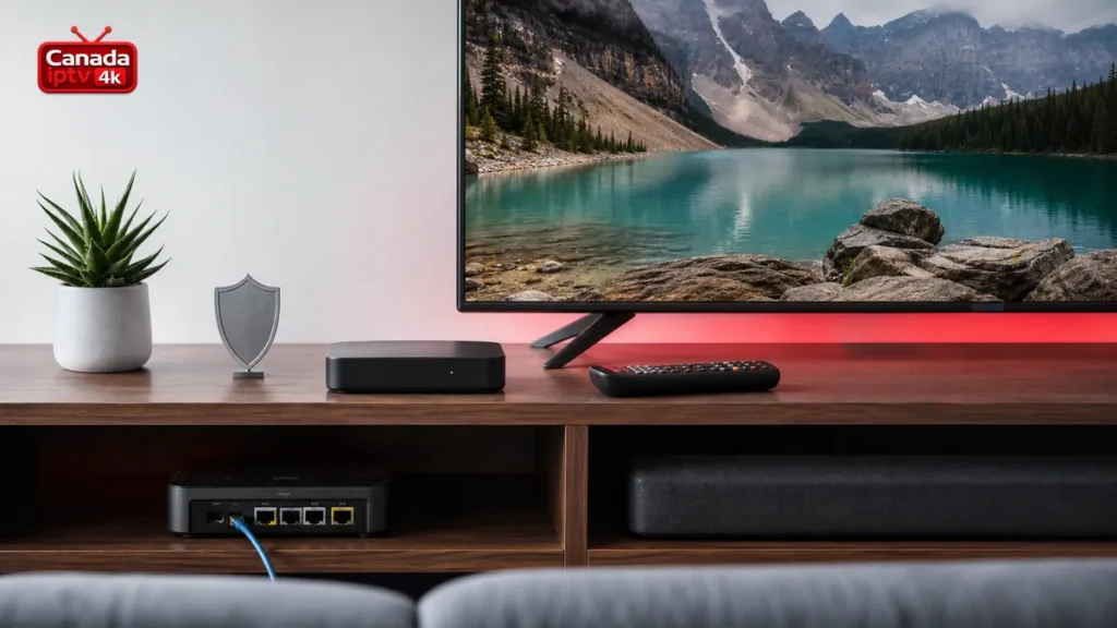 Configurer MAG box avec téléviseur, boîtier, routeur, symbole de sécurité et logo Canada IPTV 4K