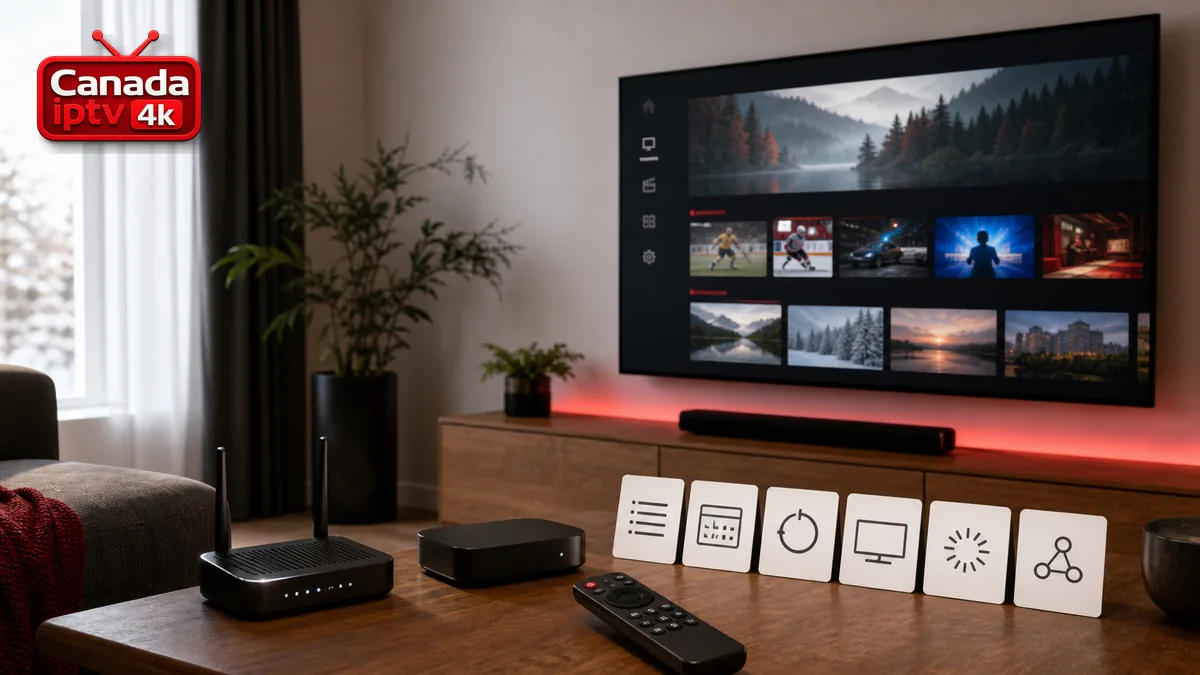 Vocabulaire IPTV illustré avec lecteur, routeur, cartes de définitions et logo Canada IPTV 4K