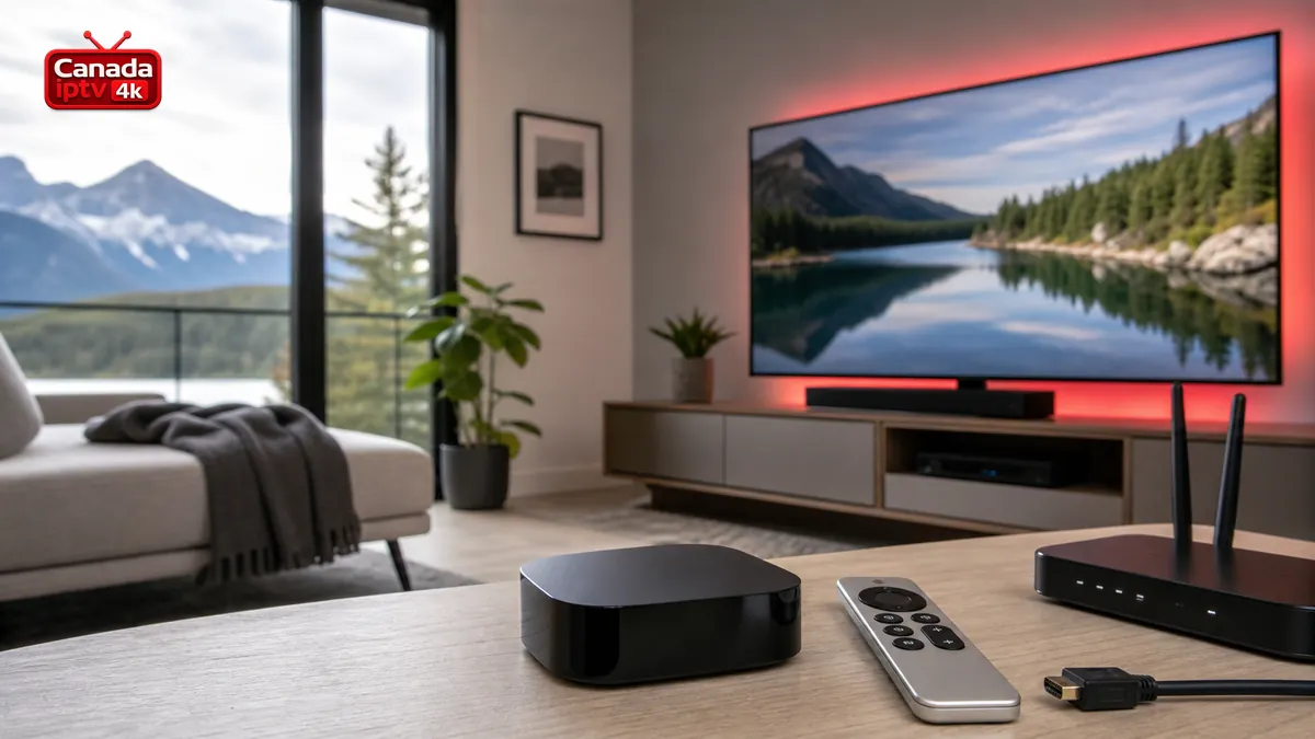 Configuration IPTV Apple TV avec téléviseur, boîtier tvOS, télécommande, routeur et logo Canada IPTV 4K