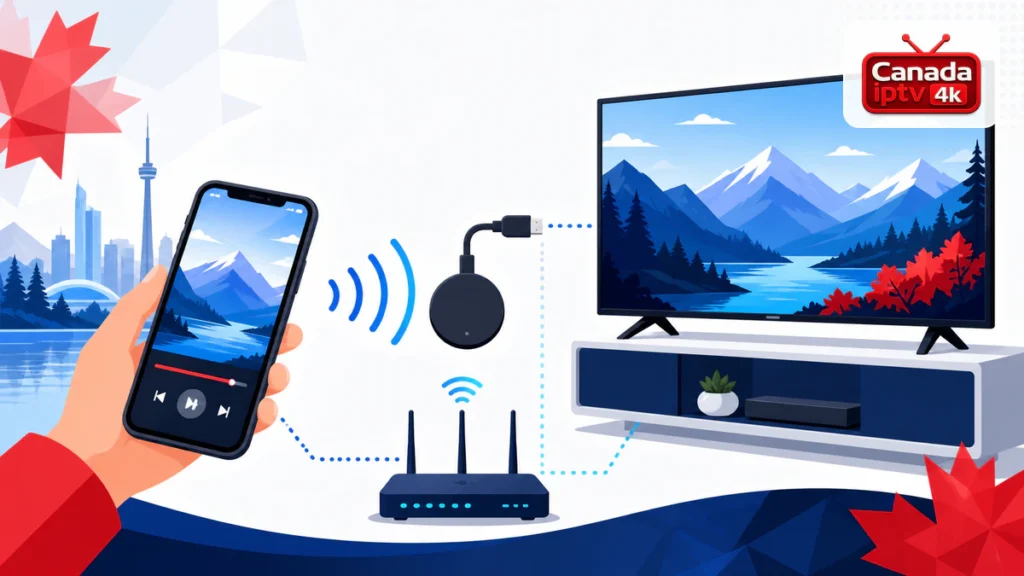 IPTV Chromecast avec téléphone, téléviseur, dongle de diffusion, routeur, symboles Cast et logo Canada IPTV 4K