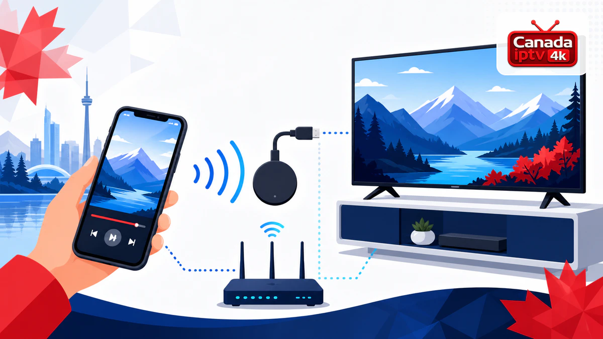 IPTV Chromecast avec téléphone, téléviseur, dongle de diffusion, routeur, symboles Cast et logo Canada IPTV 4K