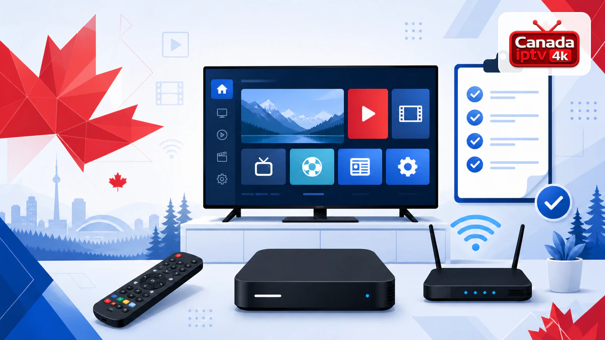 IPTV Formuler avec téléviseur, boîtier multimédia, routeur, télécommande, checklist et logo Canada IPTV 4K