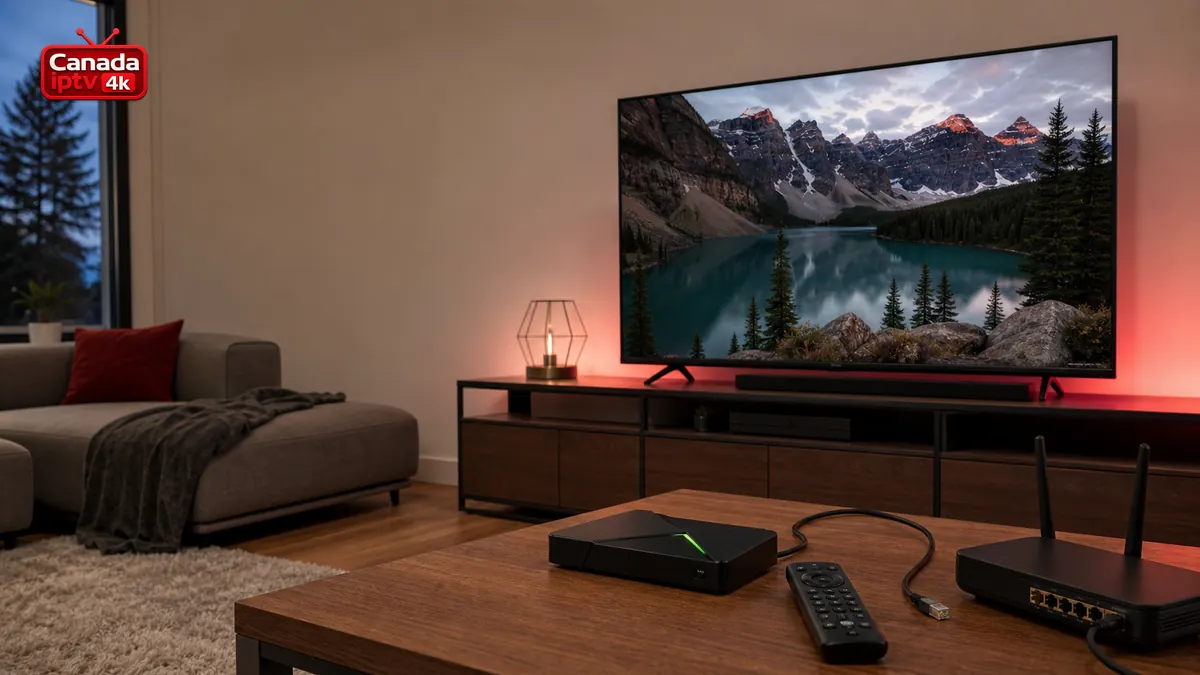 Installation IPTV Nvidia Shield avec téléviseur, boîtier Shield, routeur et logo Canada IPTV 4K