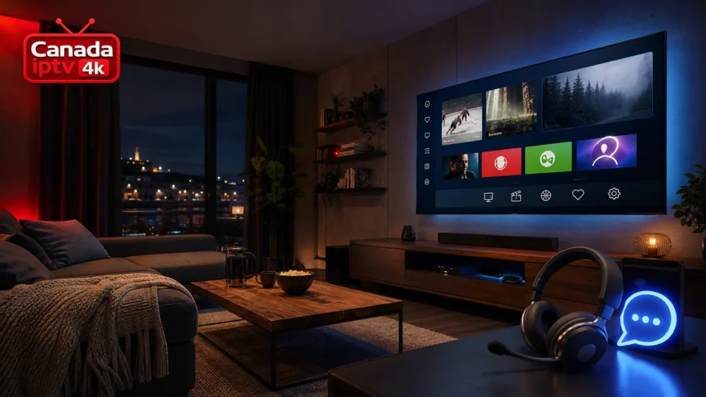 IPTV Quebec français avec interface, support et logo Canada IPTV 4K