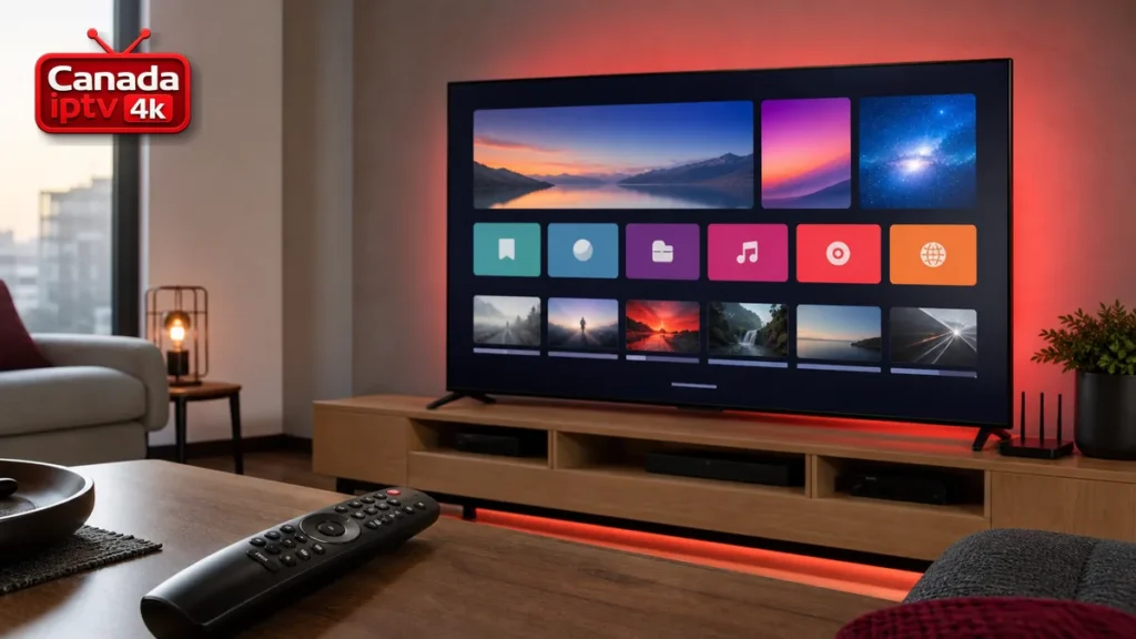Installation IPTV Smart TV LG avec écran webOS, télécommande et logo Canada IPTV 4K