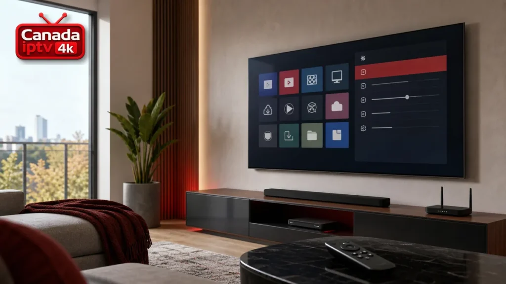 Installation IPTV Smart TV Samsung avec écran Tizen, télécommande et logo Canada IPTV 4K