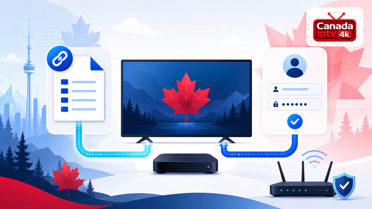 Xtream Codes vs M3U avec deux chemins de connexion vers un téléviseur, routeur, sécurité et logo Canada IPTV 4K